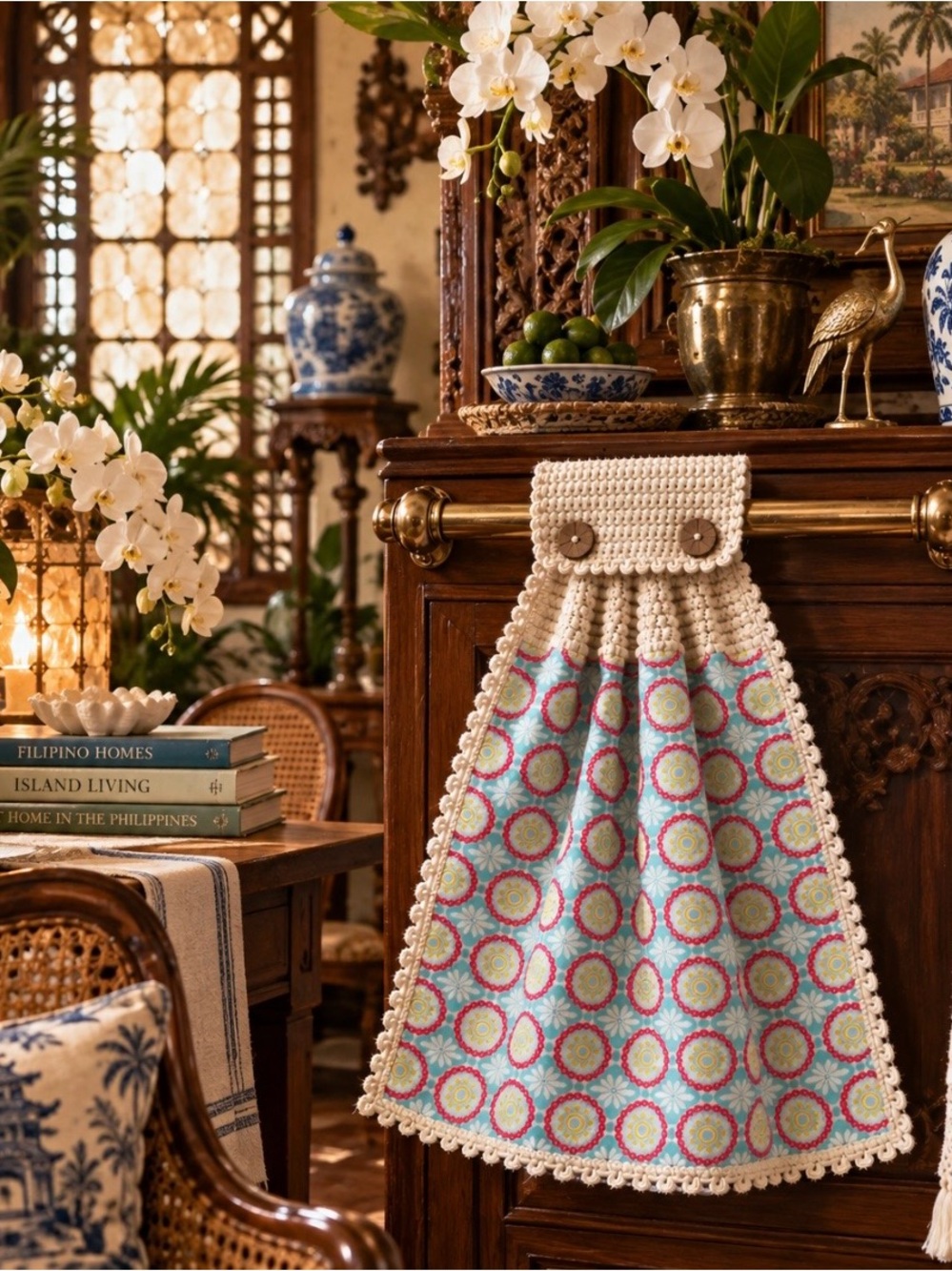 Pioneer Woman Aqua Medallion Crochet Hanging Kitchen Towel